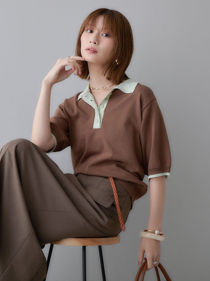 [予約]クールタッチバイカラーハーフニットポロ/brown