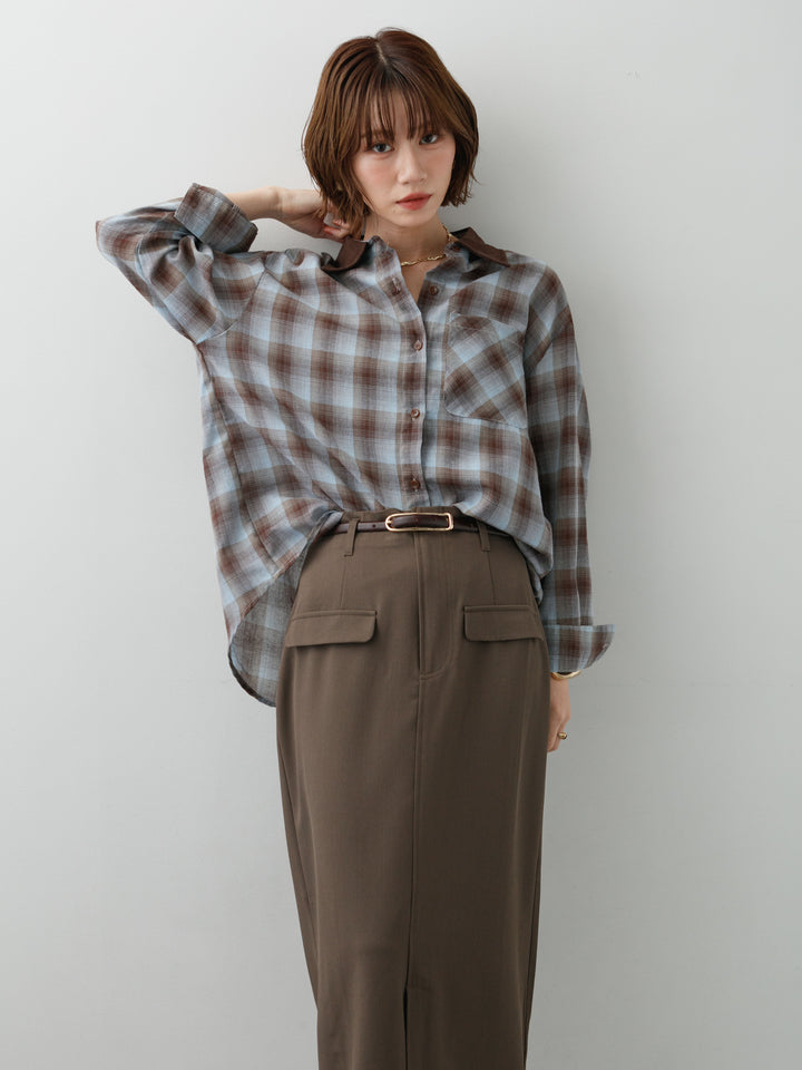 [SET]チェックオーバーシャツ+クレープデシンフラップ付きストレートスカート(2set)