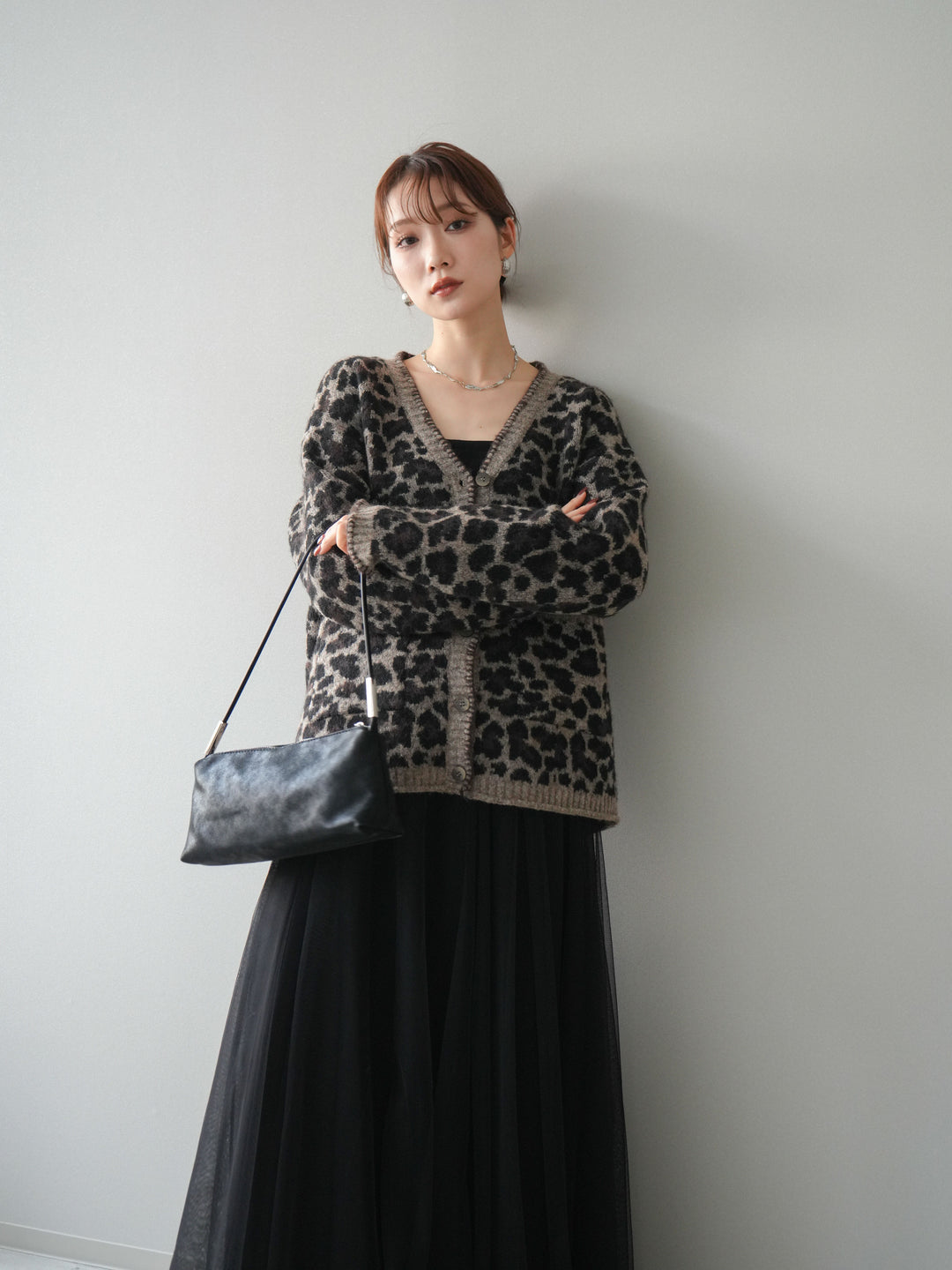 [予約]アニマル柄ステッチニットカーディガン/brown