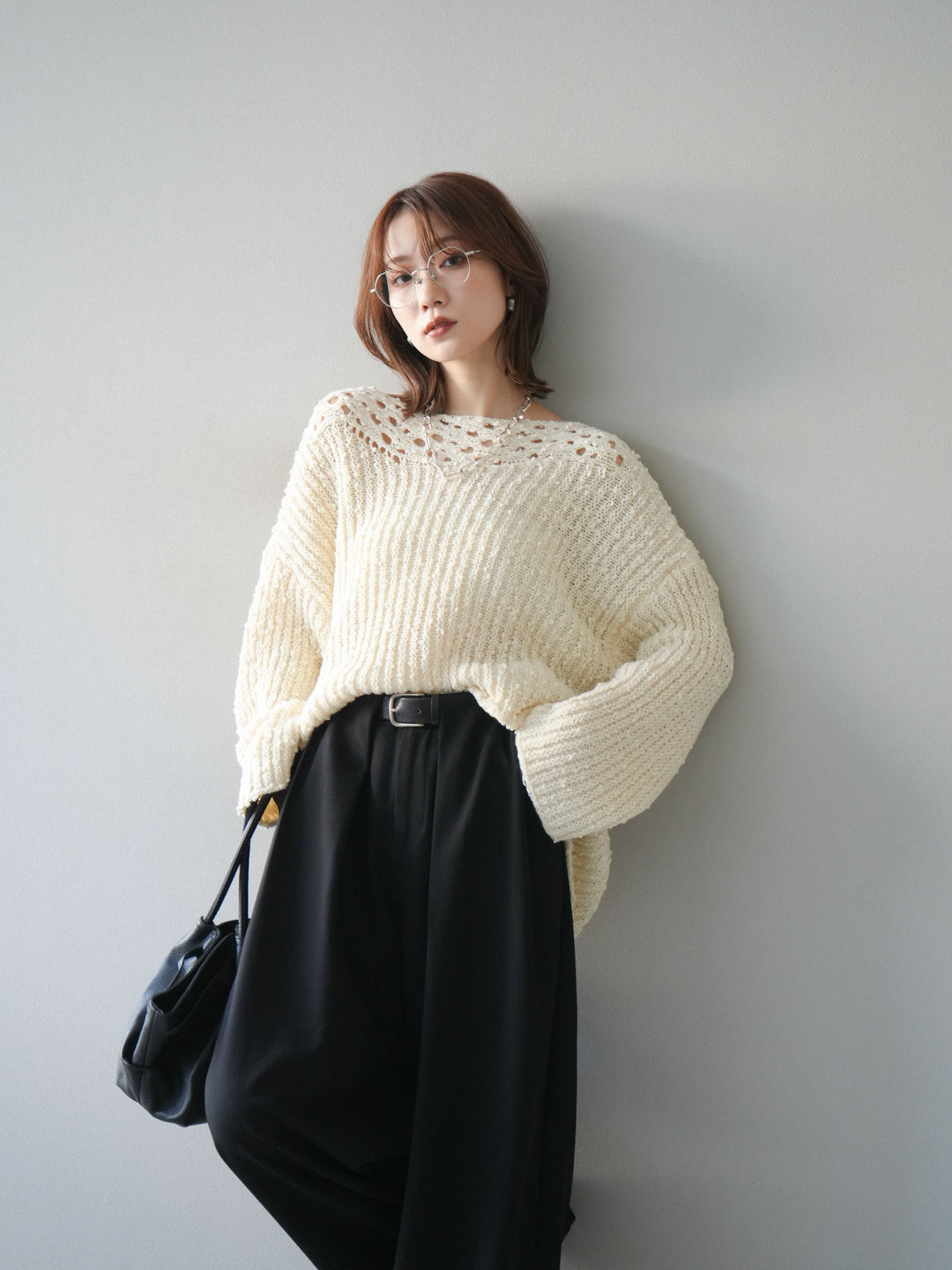 [予約]ボートネック透かし編みニットプルオーバー/white