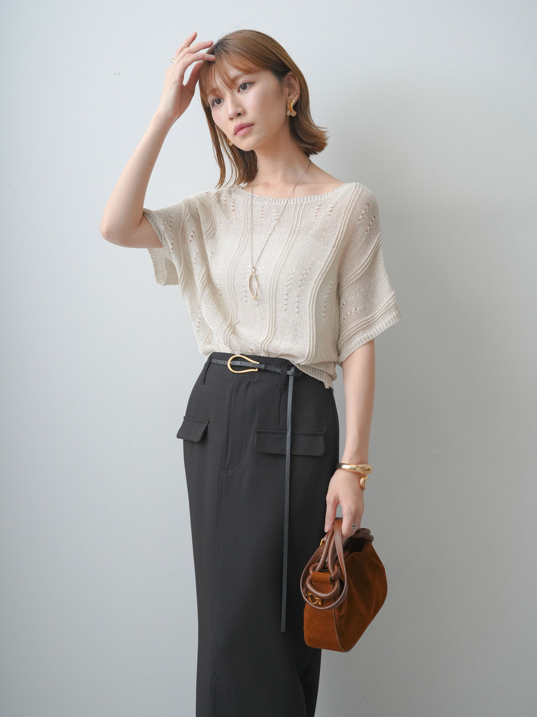 [SET]アイレットサマーニットトップス+クレープデシンフラップ付きストレートスカート(2set)