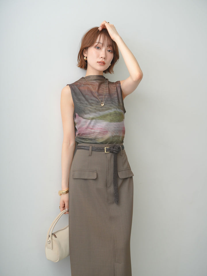 [予約]プチネックニュアンスシアーノースリトップス/brown