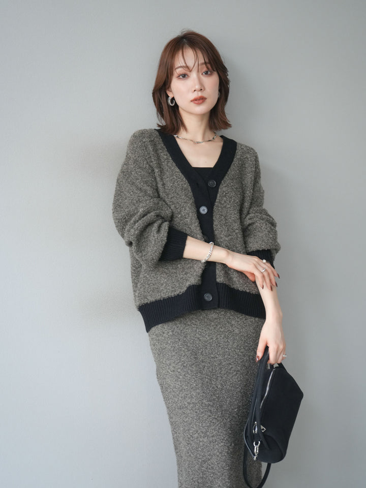 [SET]ブークレバイカラーニットカーディガン+ブークレバイカラータイトニットスカート(2set)