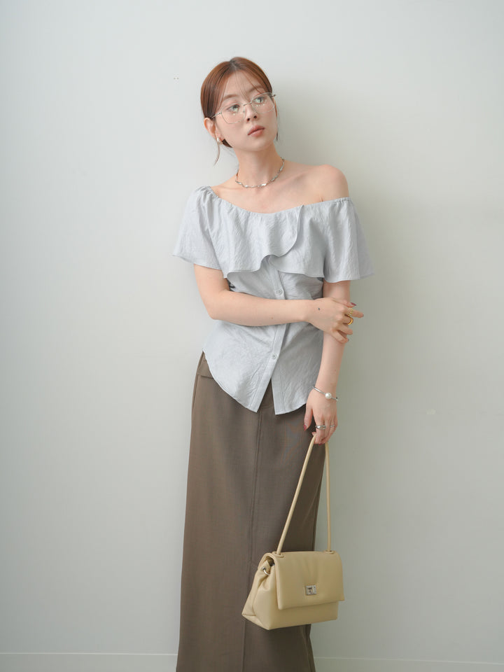 [SET]ラッフルオフショルブラウス+クレープデシンフラップ付きストレートスカート(2set)