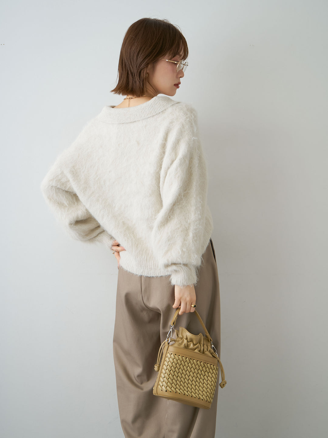 [SET]ヘンリーシャギーニットトップス+ツイルタックワイドパンツ(2set)