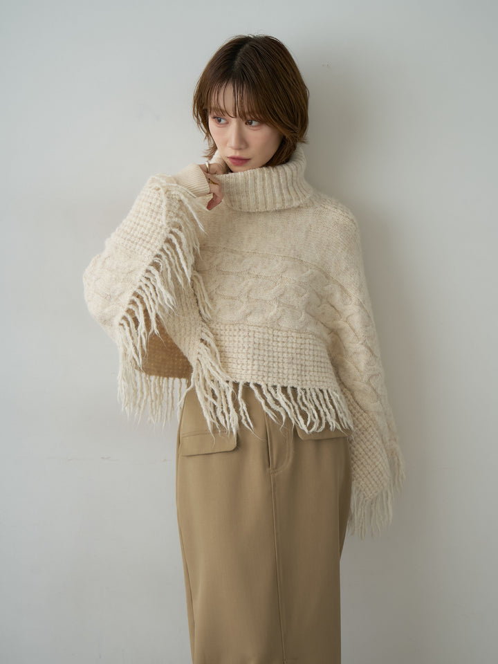 [SET]フリンジケーブルニットケープ+クレープデシンフラップ付きストレートスカート(2set)