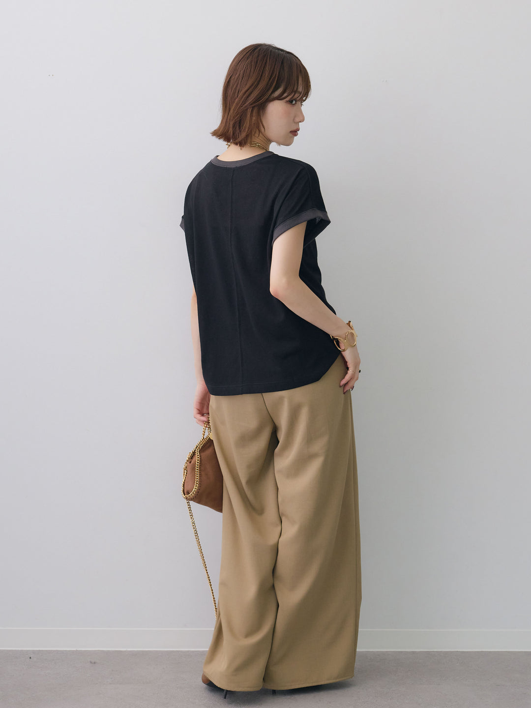 [SET]シアースラブバイカラーフレンチTEE+クレープデシンタックワイドパンツ(2set)