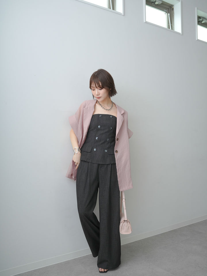 [SET]ダブルボタンビスチェトップス＆ドレープタックパンツSET UP(2SET)+シアーオーバー半袖ジャケット(2set)