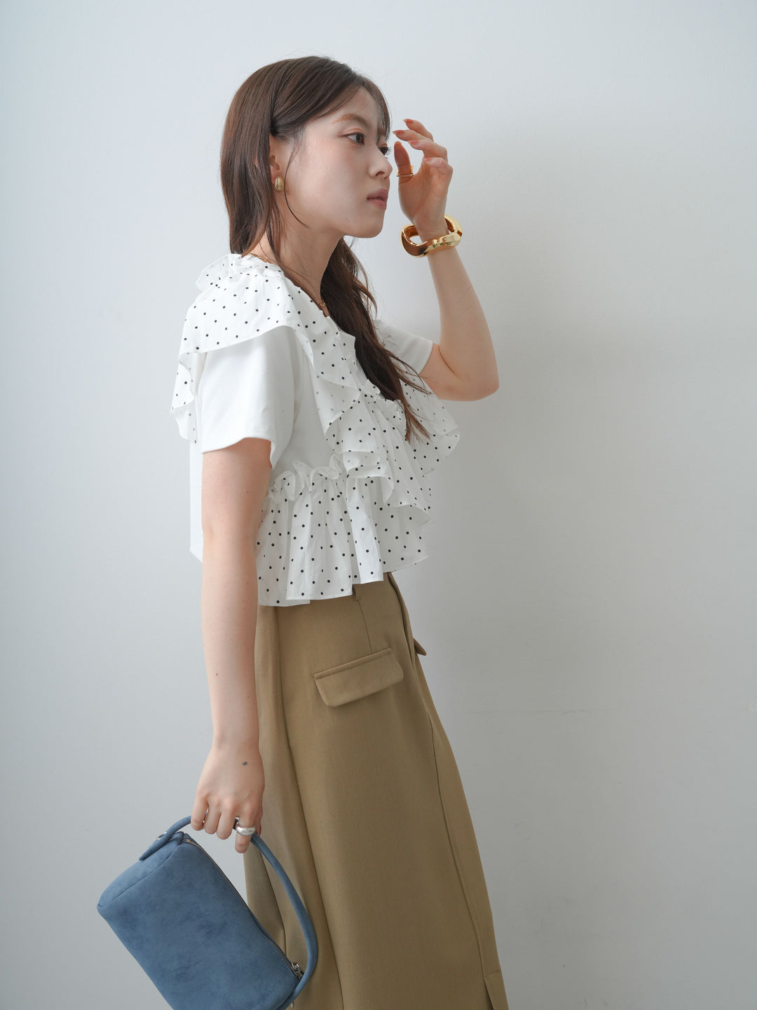 [SET]ドットギャザーフリルデザインTEE+クレープデシンフラップ付きストレートスカート(2set)