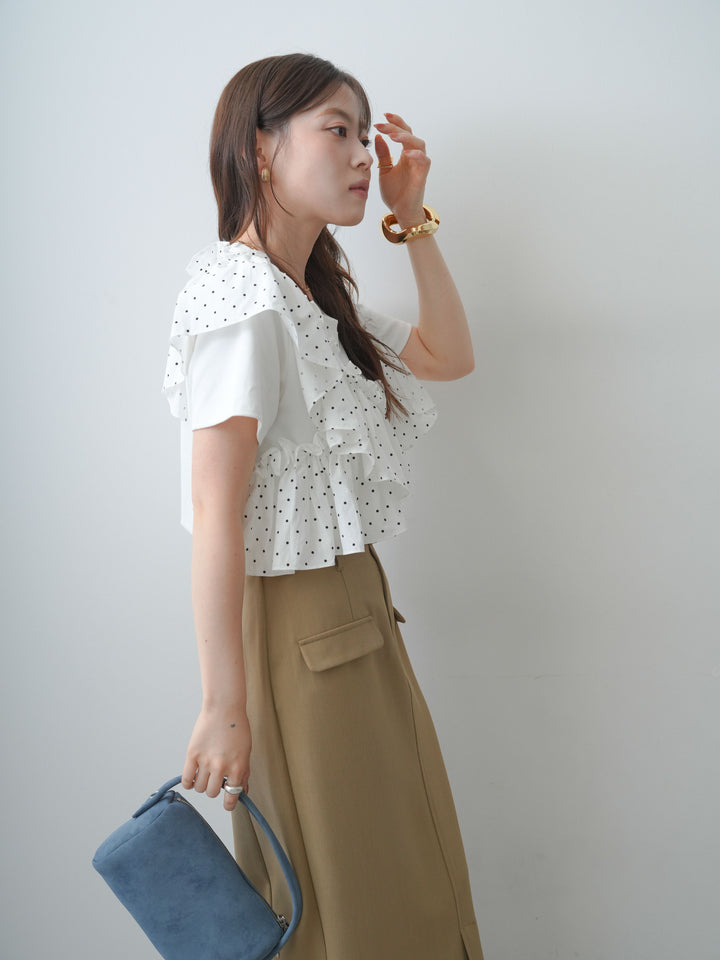 [SET]ドットギャザーフリルデザインTEE+クレープデシンフラップ付きストレートスカート(2set)