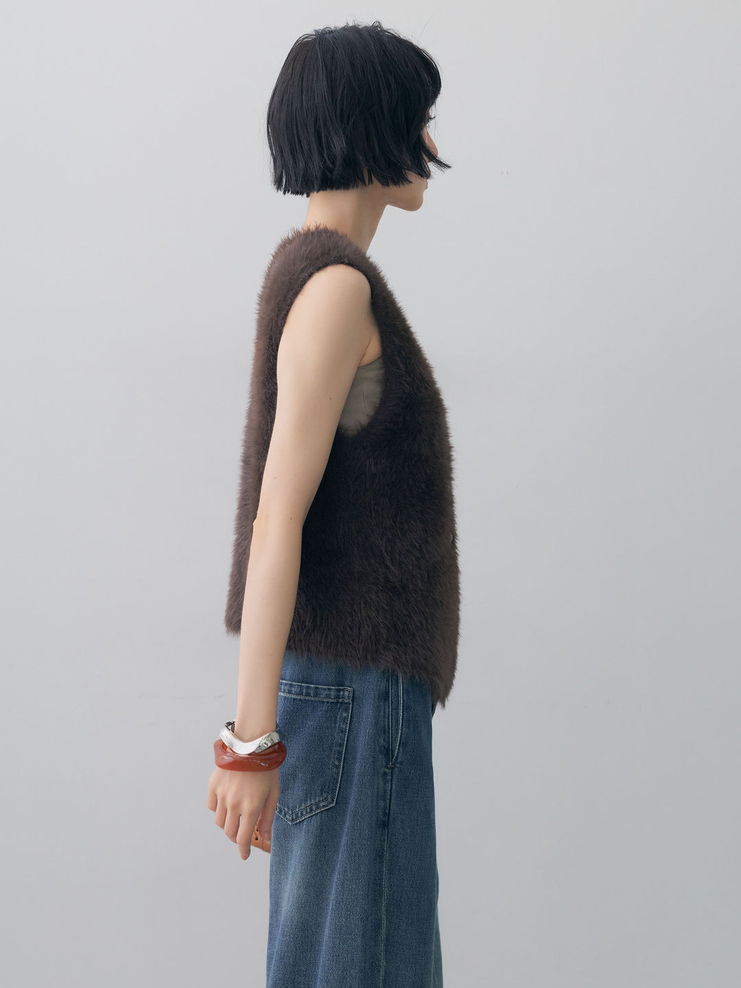 [予約]ゴールドボタンシャギーニットベスト/brown