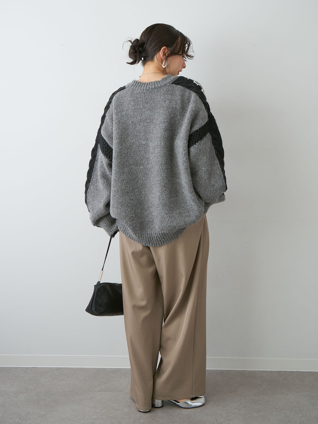 [SET]ハンドステッチデザインニットトップス+ツイルタックワイドパンツ(2set)