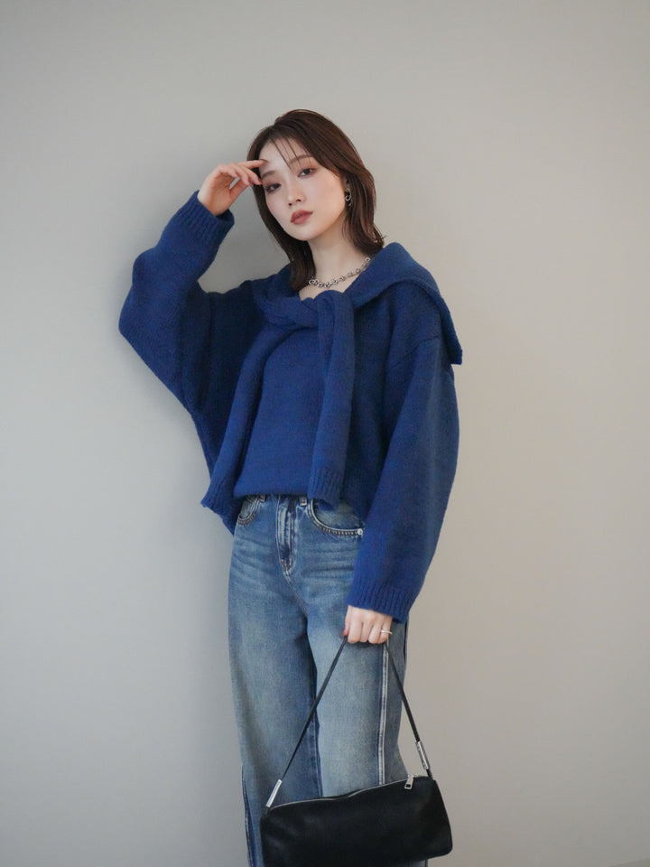 [予約]ストール付きVネックニットプルオーバー/blue