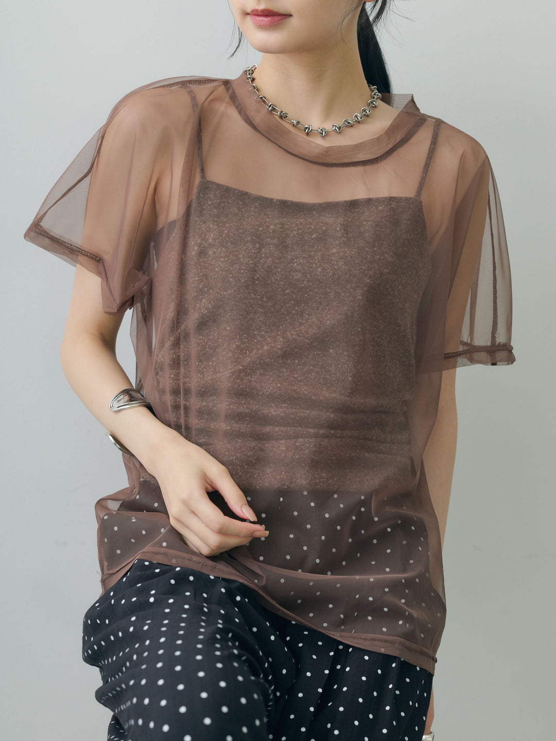 [SET]インナーキャミ付シアーオーバーTEE+ドットワイドイージーパンツ(2set)