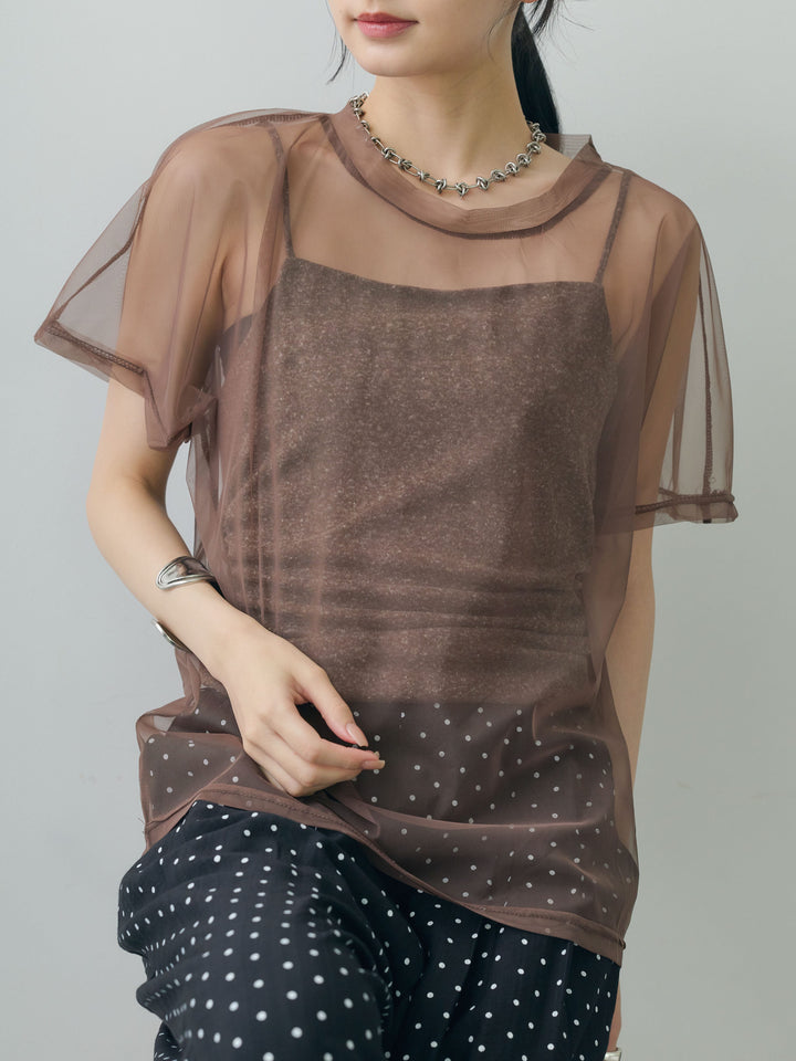 [SET]インナーキャミ付シアーオーバーTEE+ドットワイドイージーパンツ(2set)