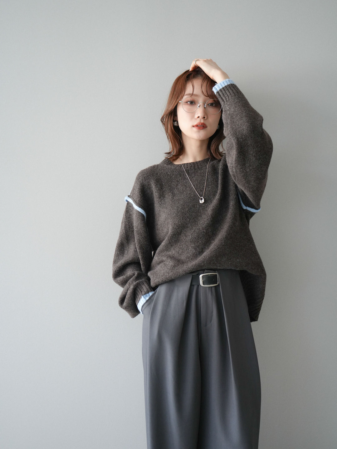 [予約]バイカラーパイピングニットプルオーバー/brown