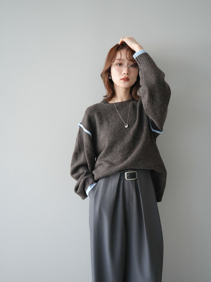 [予約]バイカラーパイピングニットプルオーバー/brown