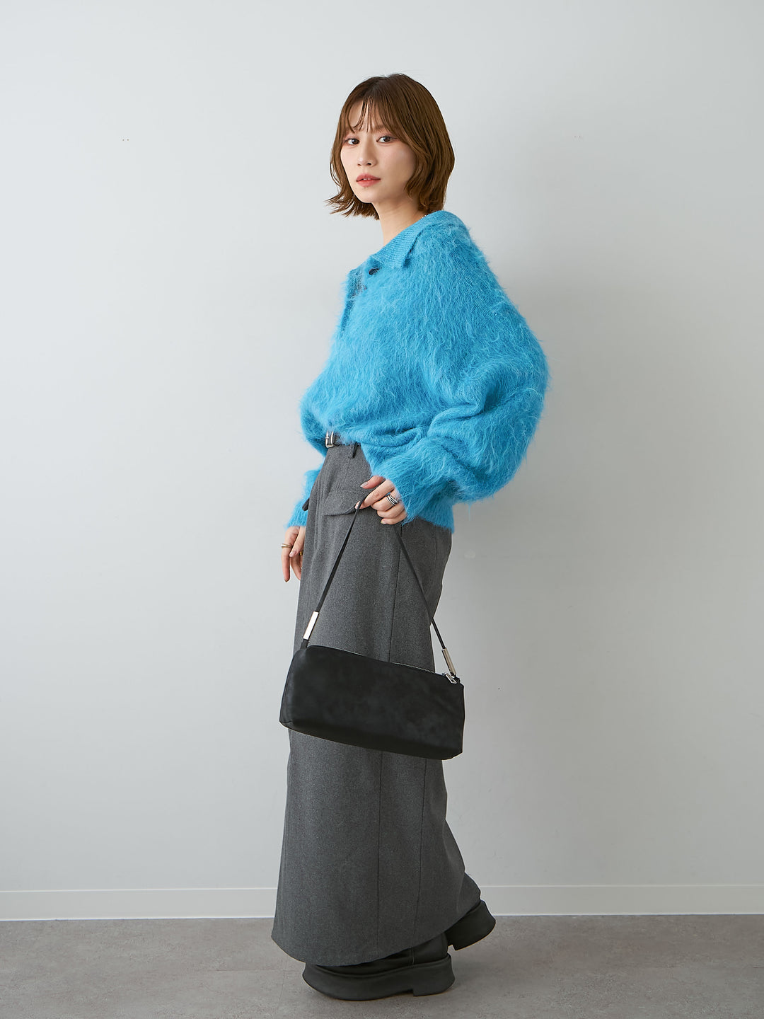 [SET]ヘンリーシャギーニットトップス+メルトンフラップ付ストレートスカート(2set)