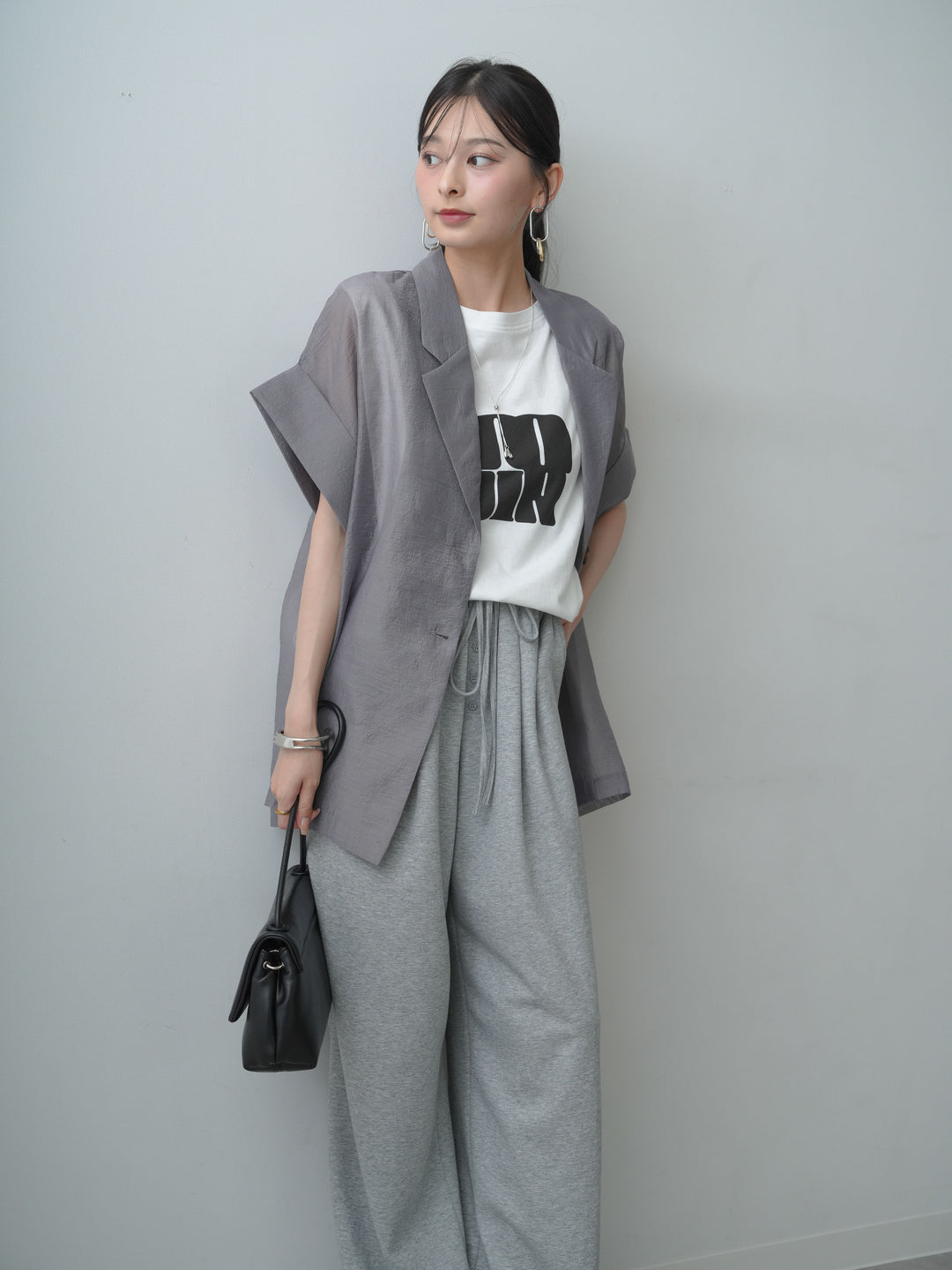 [SET]シアーオーバー半袖ジャケット+ショルダータックノースリーブオーバーTEE(2set)