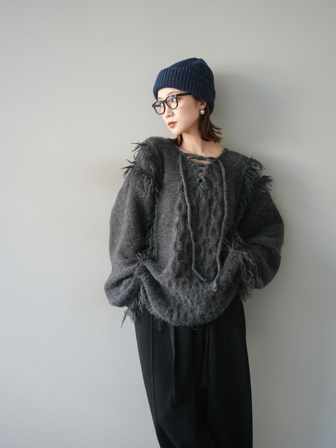 [予約]レースアップフリンジニットプルオーバー/gray