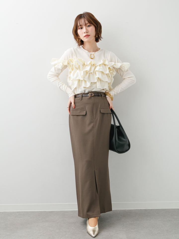 [SET]カットリブマルチWAYトップス+クレープデシンフラップ付きストレートスカート(2set)