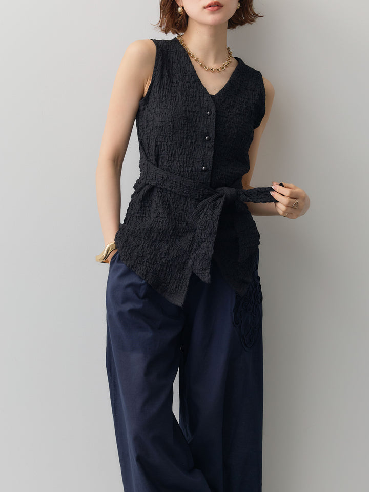[予約]シャーリングウエストリボンVネックトップス/black