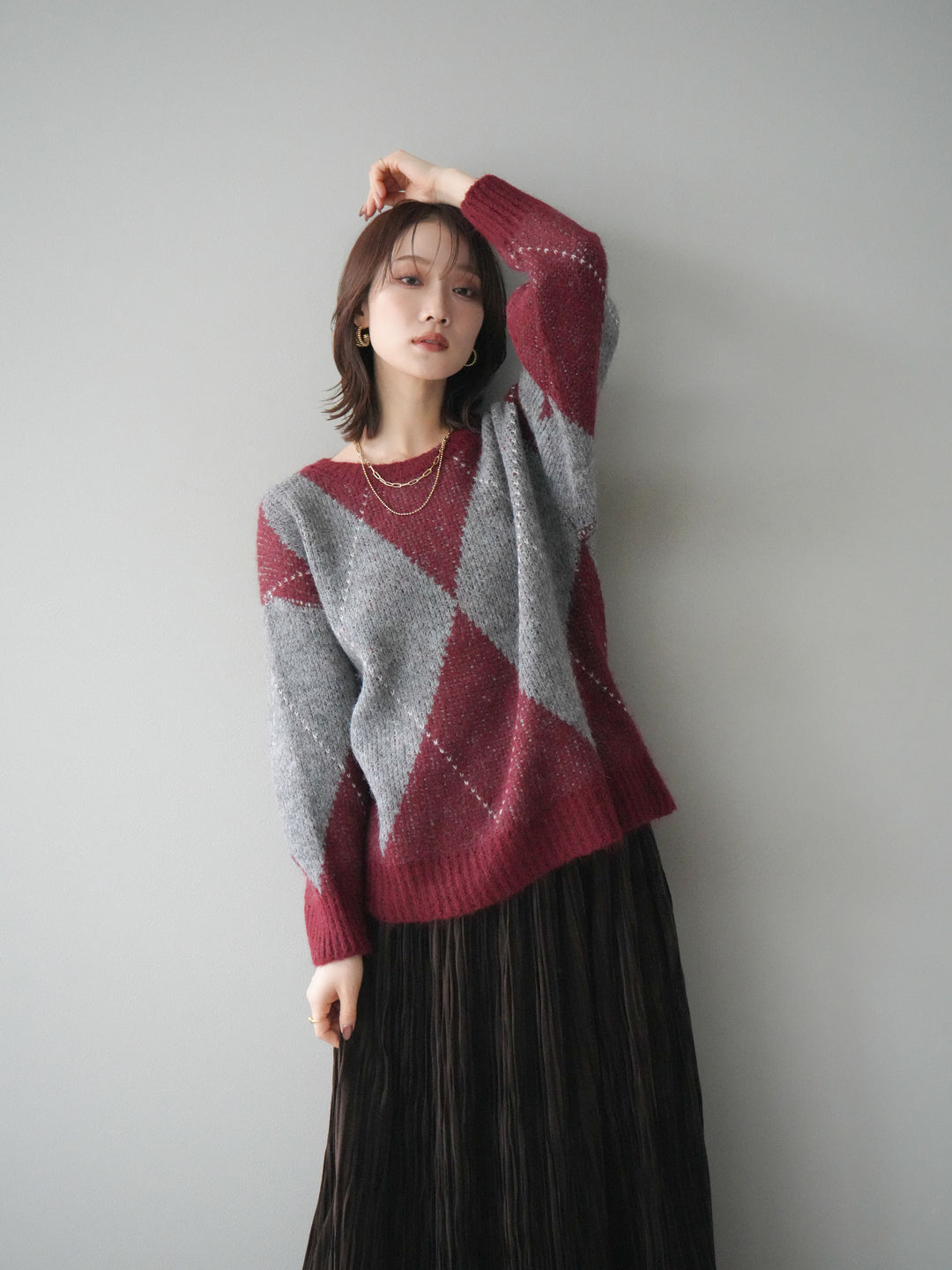 [予約]アーガイルオーバーニットプルオーバー/bordeaux