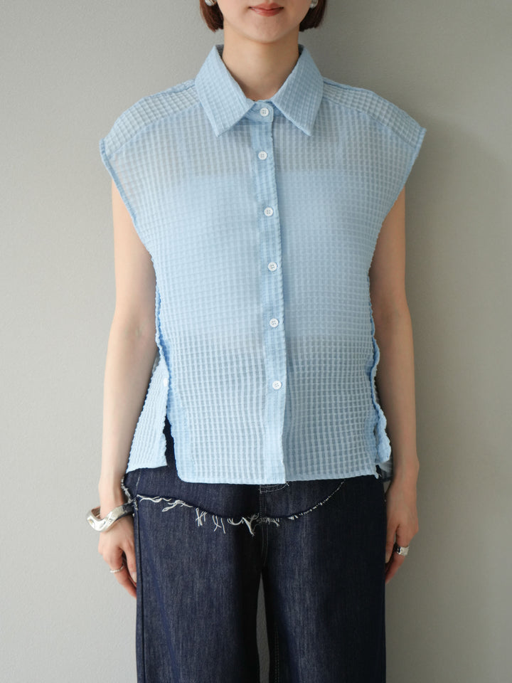 [予約]シアーチェックノースリーブシャツ/ライトブルー