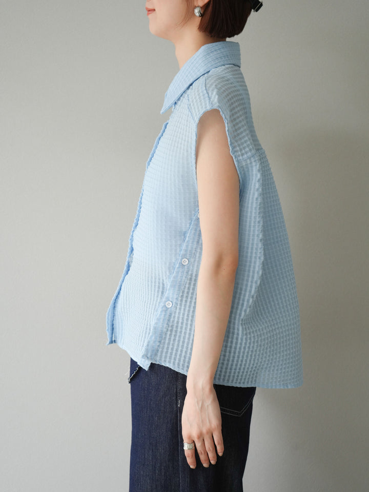 [予約]シアーチェックノースリーブシャツ/ライトブルー