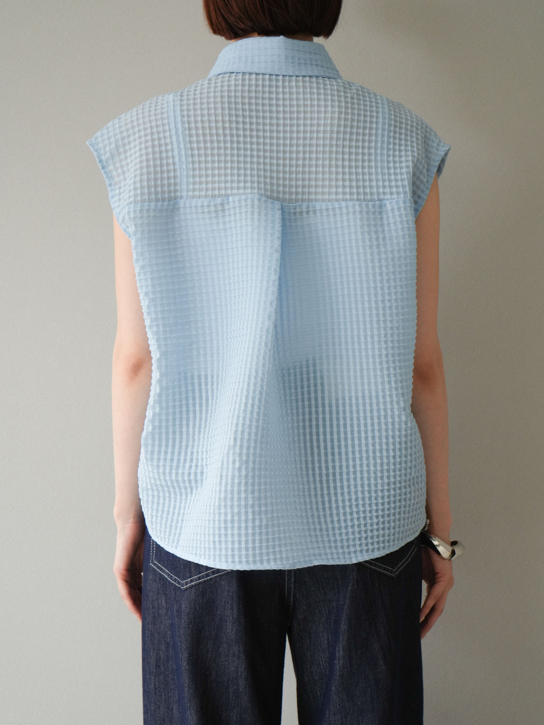 [予約]シアーチェックノースリーブシャツ/ライトブルー
