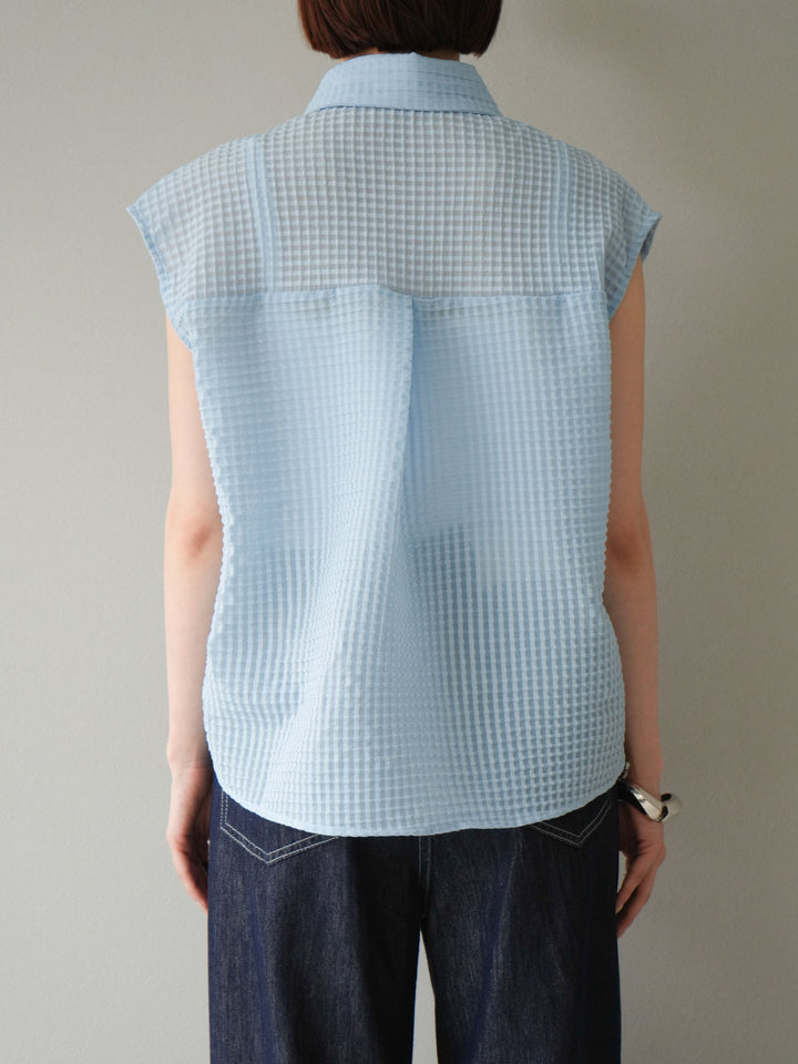 [予約]シアーチェックノースリーブシャツ/ライトブルー