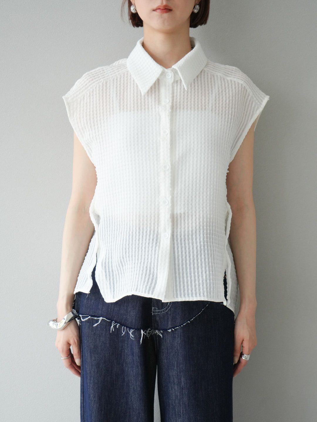 [予約]シアーチェックノースリーブシャツ/ホワイト