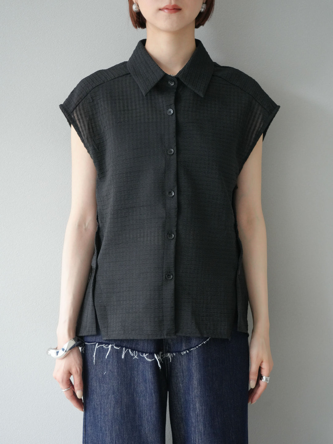 [予約]シアーチェックノースリーブシャツ/ブラック