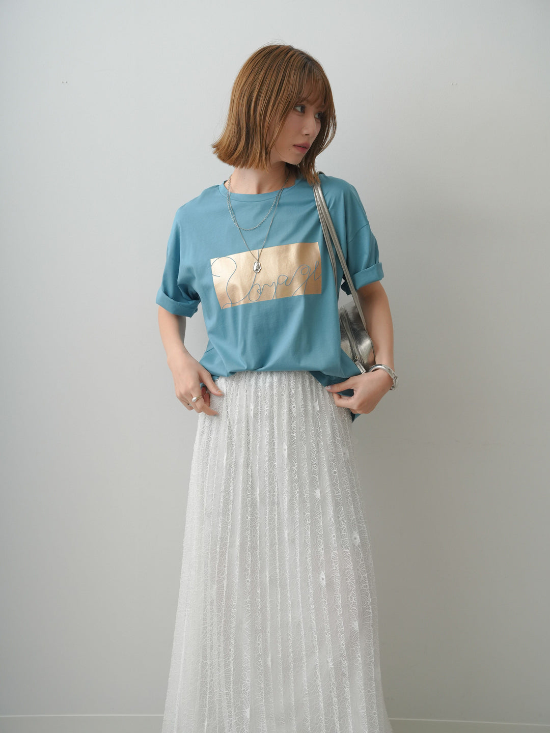 [SET]箔プリントボックスTEE+フローラルレースプリーツスカート(2set)
