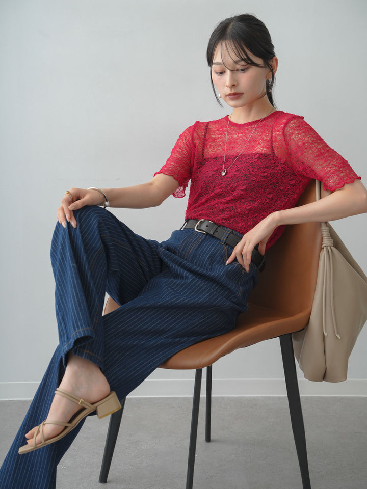 [予約]フラワーモチーフレーストップス/red