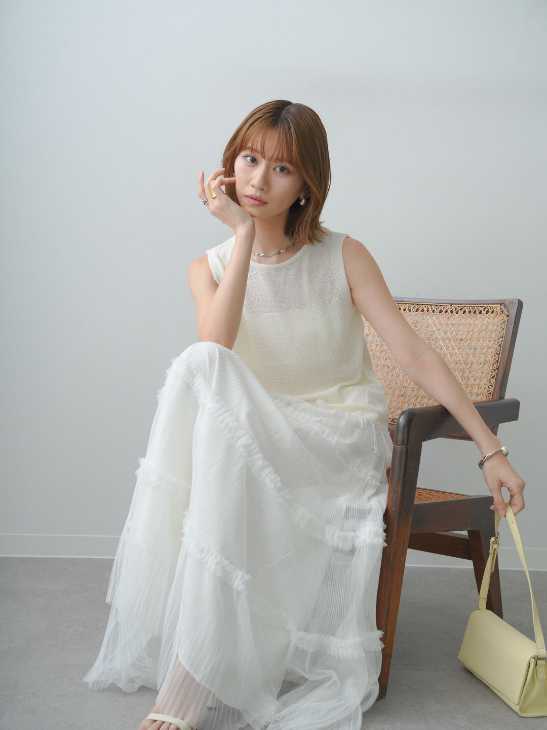 [SET]レースドッキングノースリニットトップス+ホイップチュールティアードフレアスカート(2set)