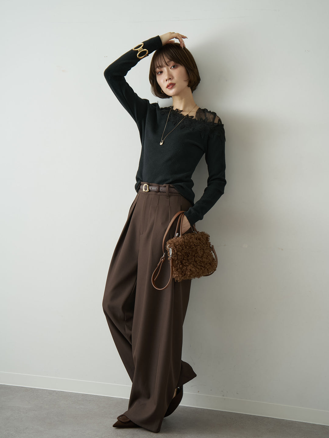 [SET]ショルダーレースアシメスリムニットトップス+ツイルタックワイドパンツ(2set)