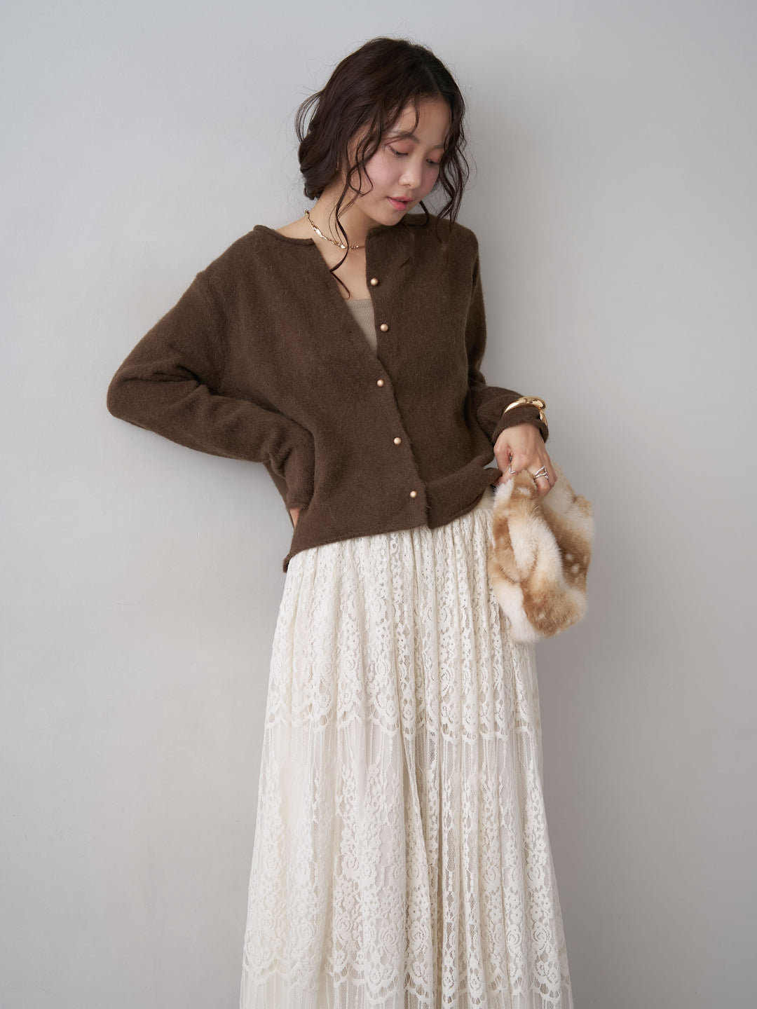 [予約]プチゴールドボタンニットカーディガン/brown