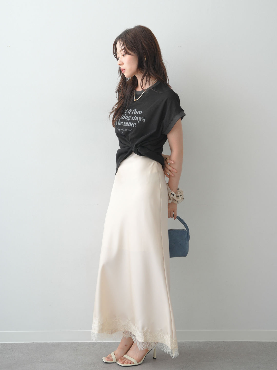 [SET]シアースラブバイカラーフレンチTEE+レースヘムサテンIラインスカート(2set)