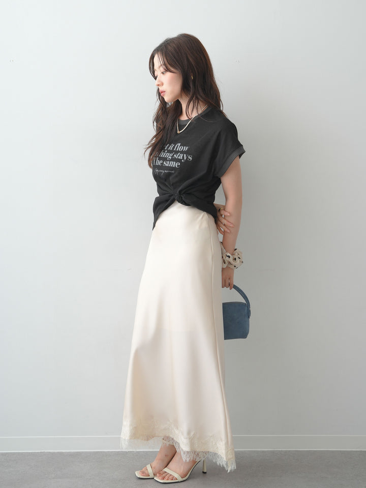 [SET]シアースラブバイカラーフレンチTEE+レースヘムサテンIラインスカート(2set)
