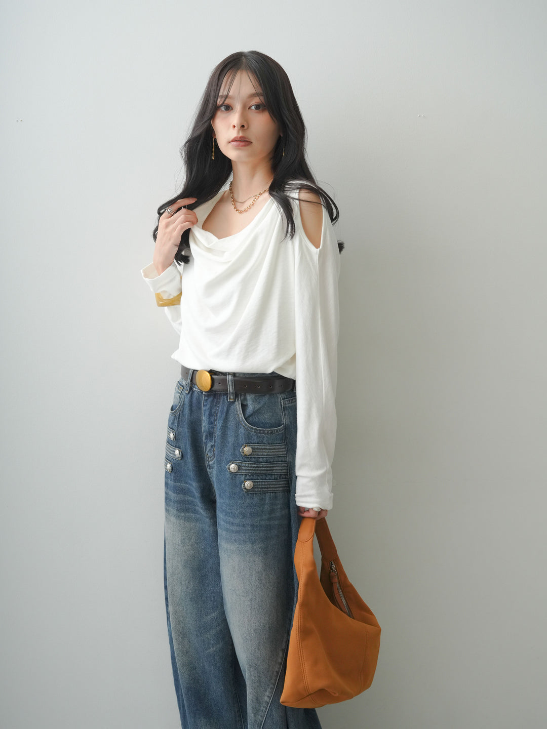 [SET]ショルダーオープンドレープネックカットソー+選べるアクセセット(2set)