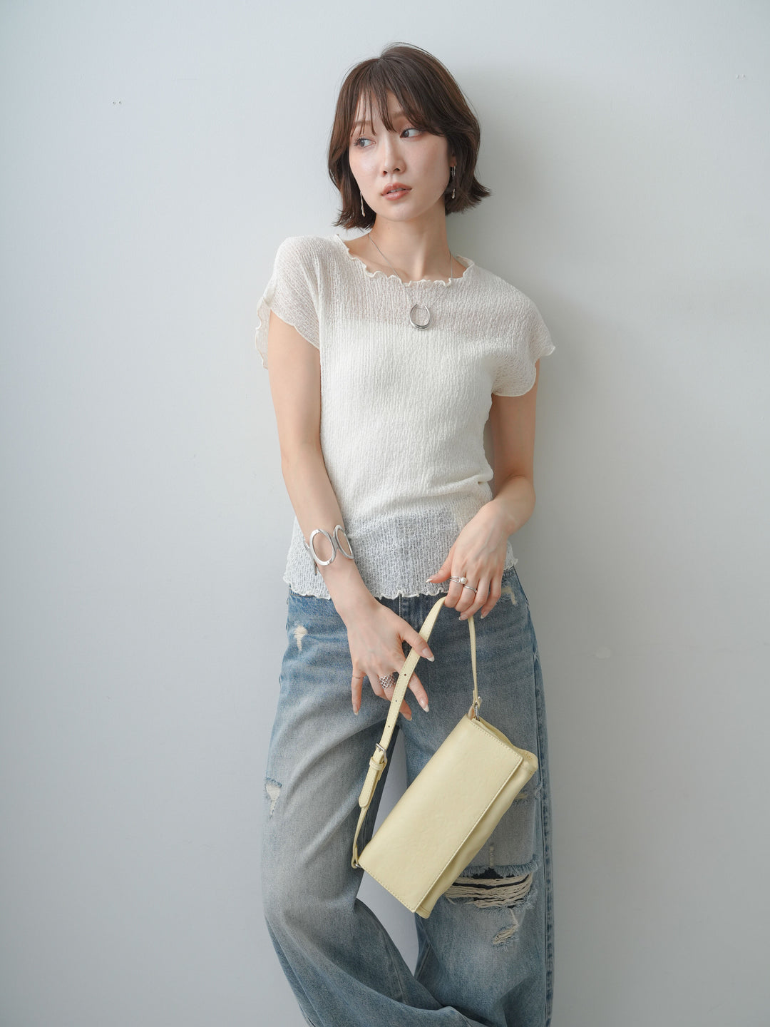 [SET]シャーリングシアーバックオープンフレンチトップス+ダメージデニムセミワイドパンツ(2set)