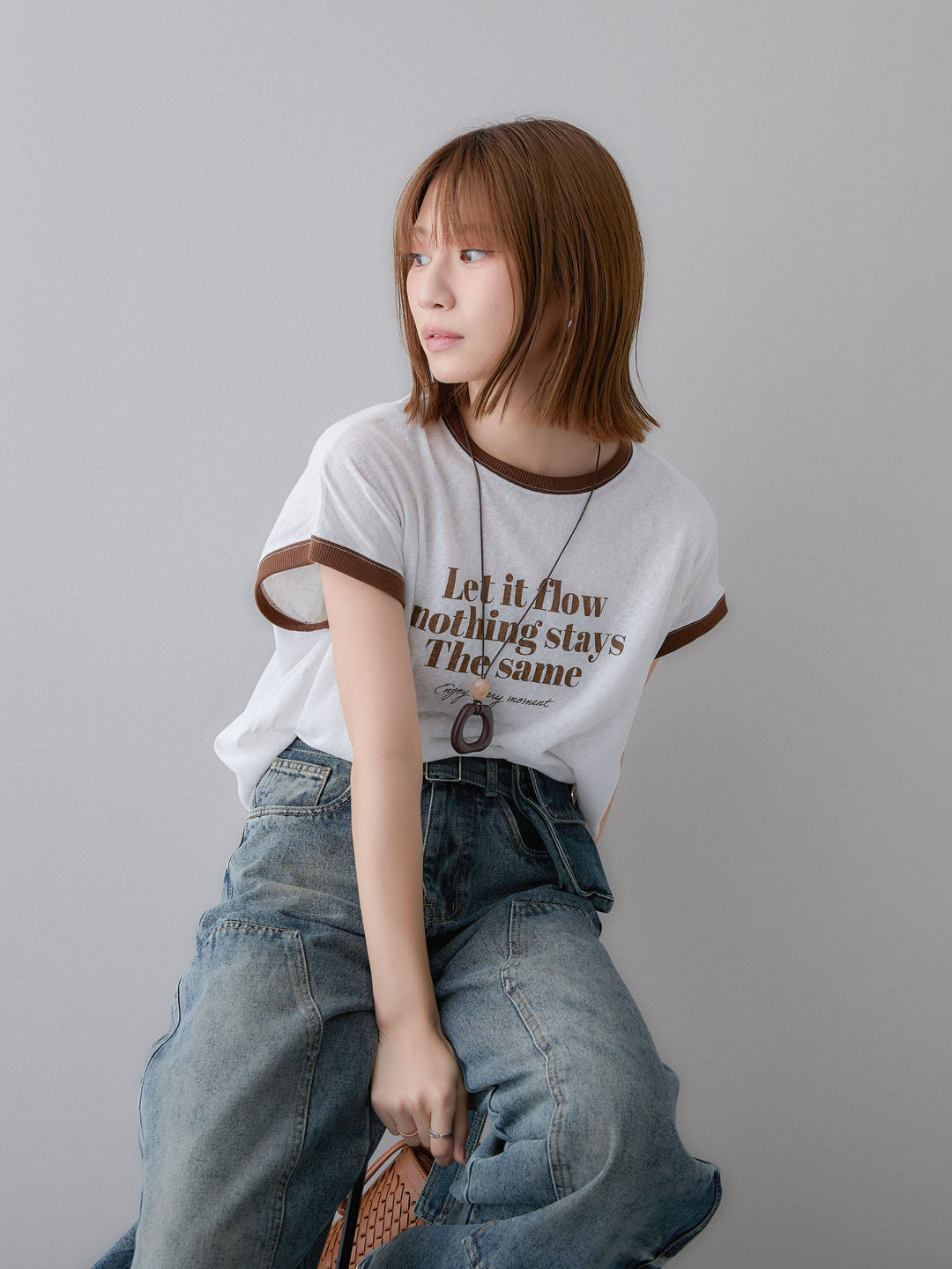 [SET]シアースラブバイカラーフレンチTEE+マルチポーチ付立体カーブデニム(2set)