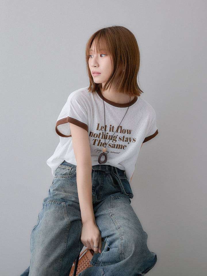 [SET]シアースラブバイカラーフレンチTEE+マルチポーチ付立体カーブデニム(2set)