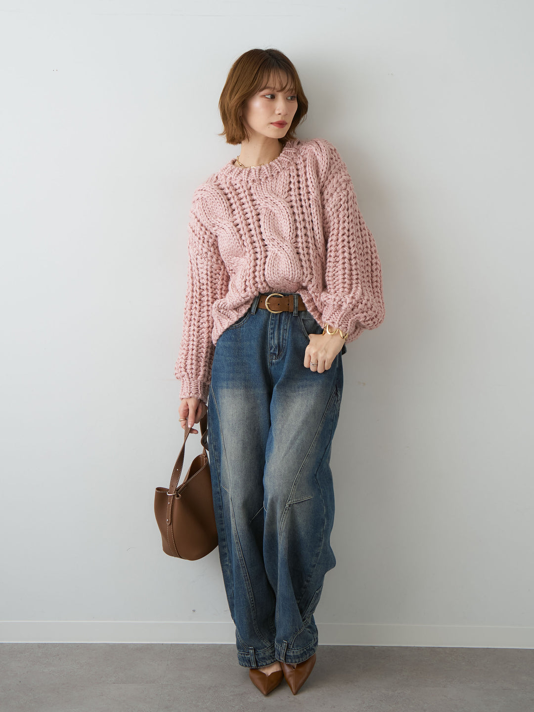 [SET]ボリュームケーブルニットプルオーバー+ヘムデザインワイドデニムパンツ(2set)