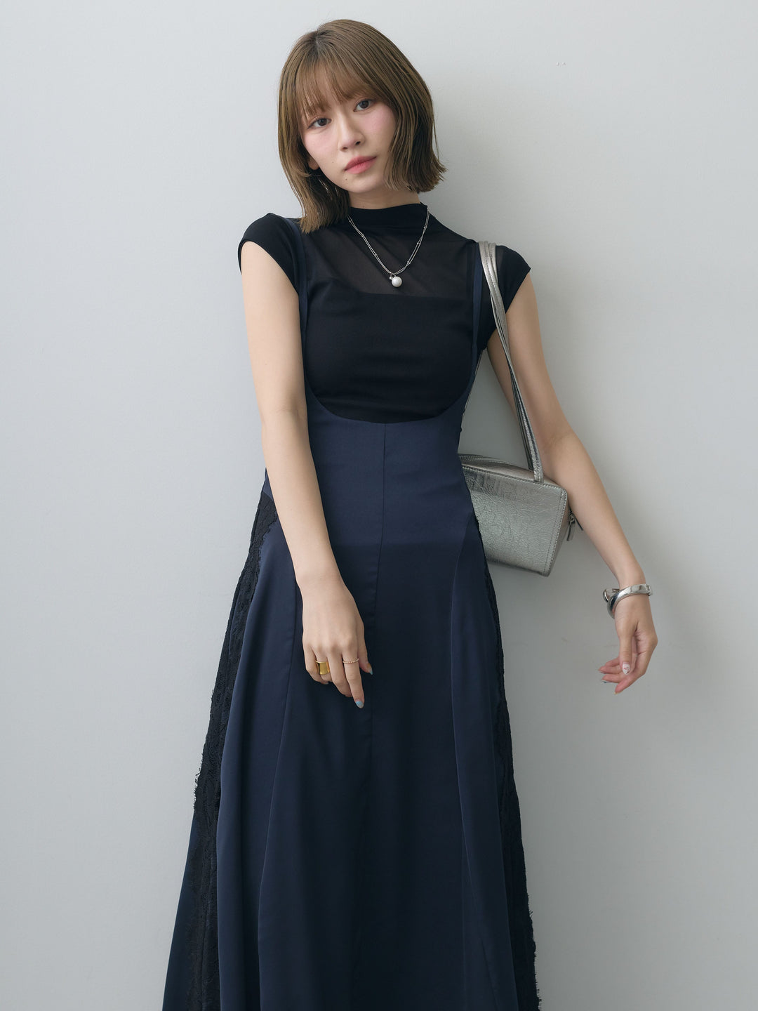 [SET]サイドレースサテンジャンパースカート+シアー切替ストレッチトップス(2set)