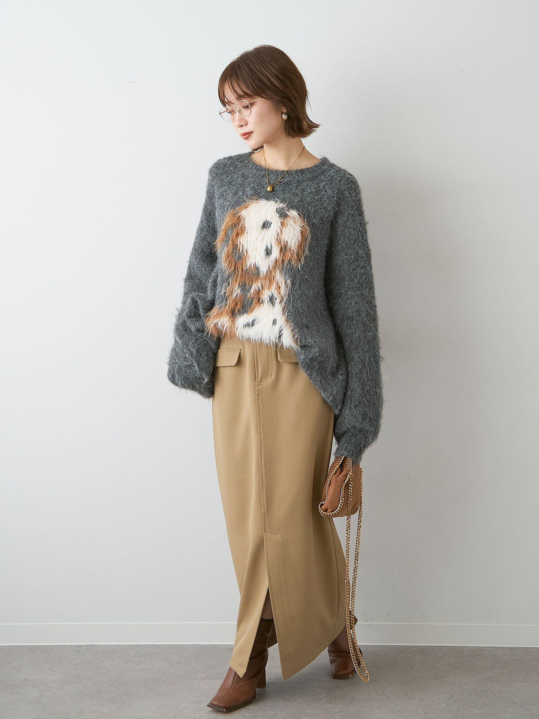 [SET]シャギードッグモチーフニットトップス+クレープデシンフラップ付きストレートスカート(2set)