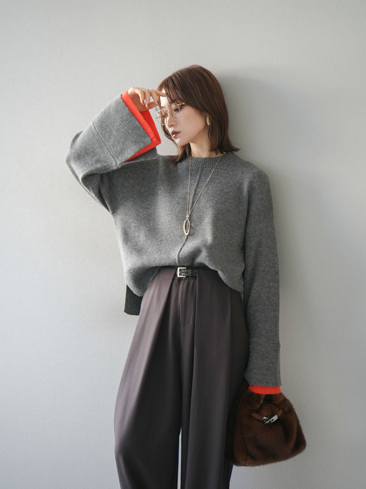[予約]袖レイヤード配色ニットプルオーバー/charcoal