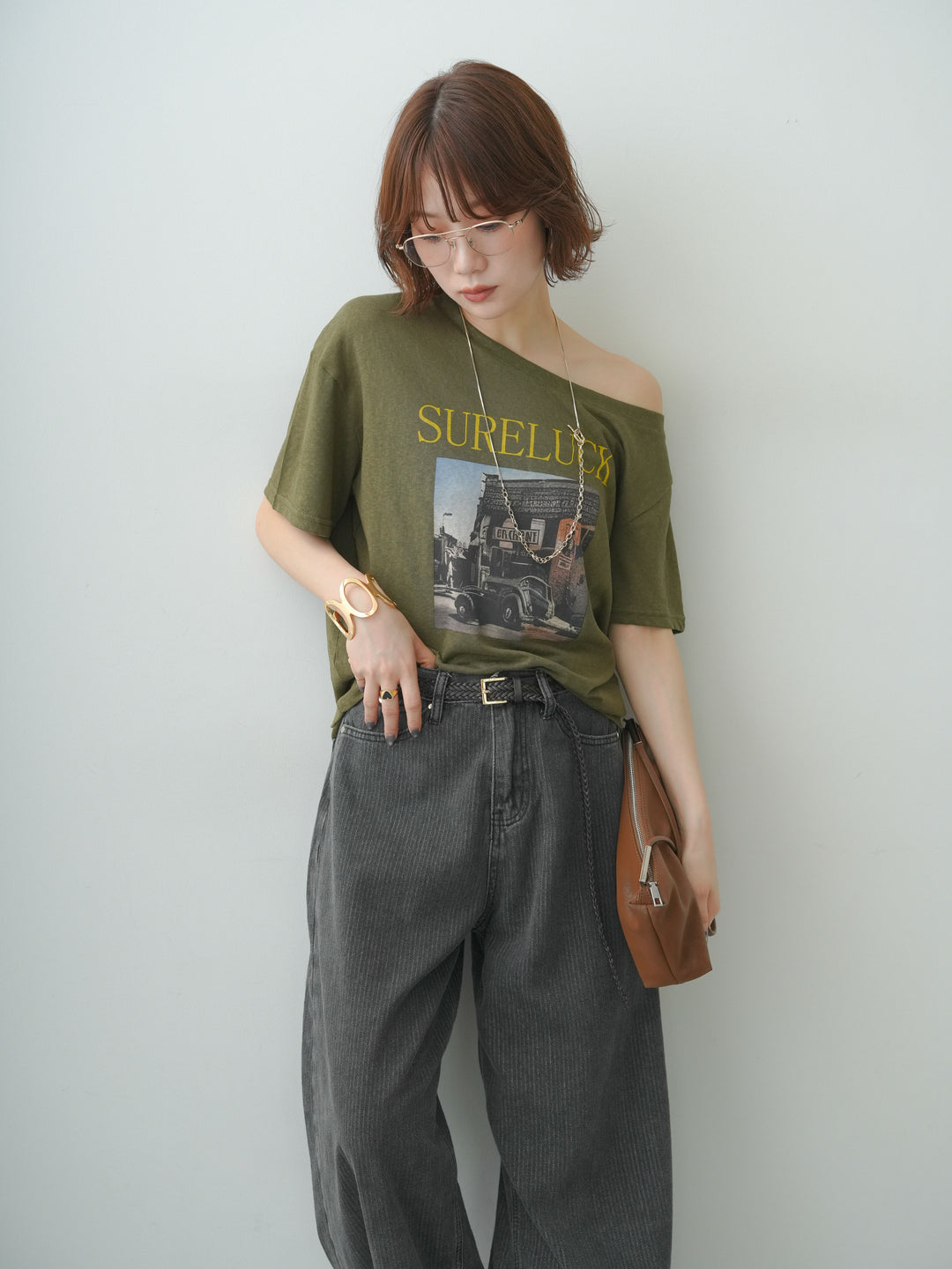 [SET]ワイドネックプリントTEE+ニュアンスウォッシュカーブデニム(2set)