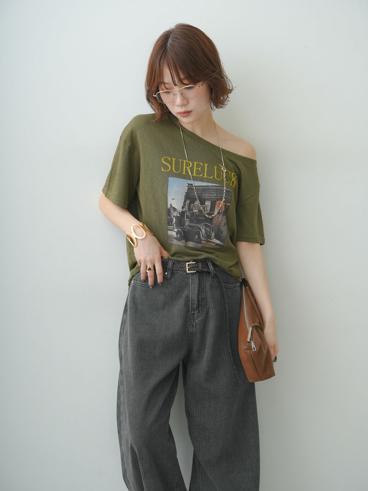 [SET]ワイドネックプリントTEE+ニュアンスウォッシュカーブデニム(2set)